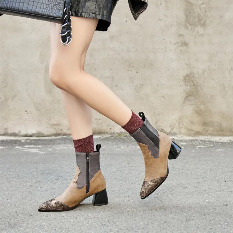 Women's Metal Pointed Toe Bicolor Block Chunky Heel Punk Short Boots