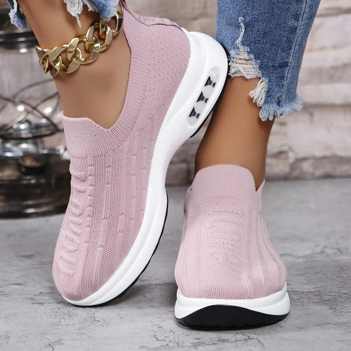 Women's Round Toe Knit Slip On Sneakers