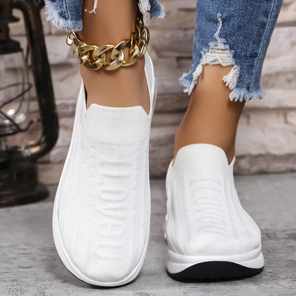 Women's Round Toe Knit Slip On Sneakers